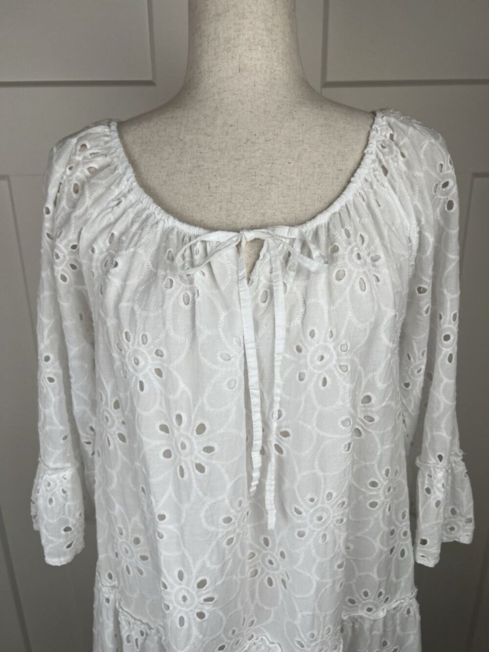 Valentina Naldi Italy White Eyelet Dress Tiered Bell Sleeve Cotton Medium - Picture 2 of 13